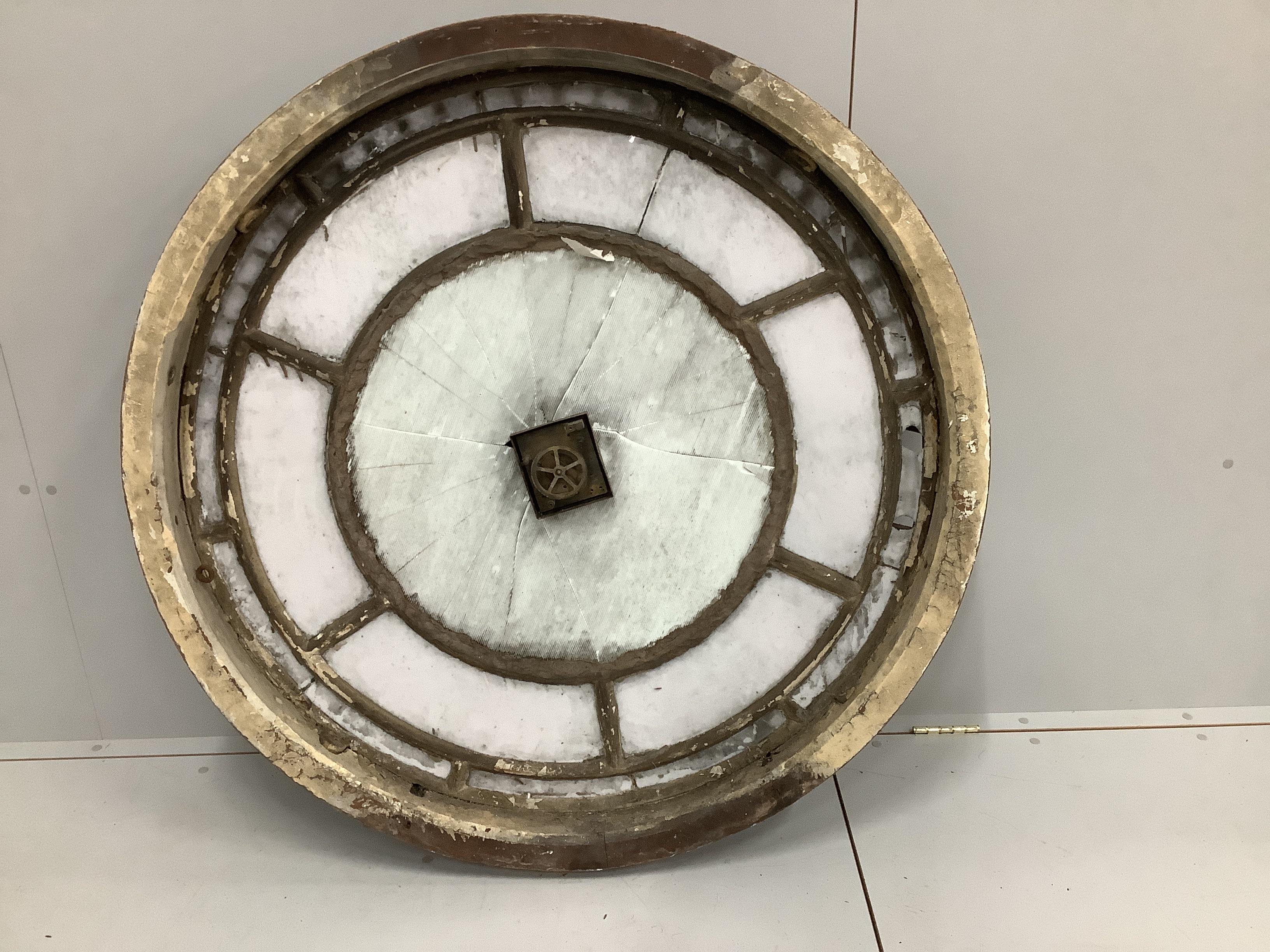 A vintage cast iron and opaque glass clock dial, diameter 114cm